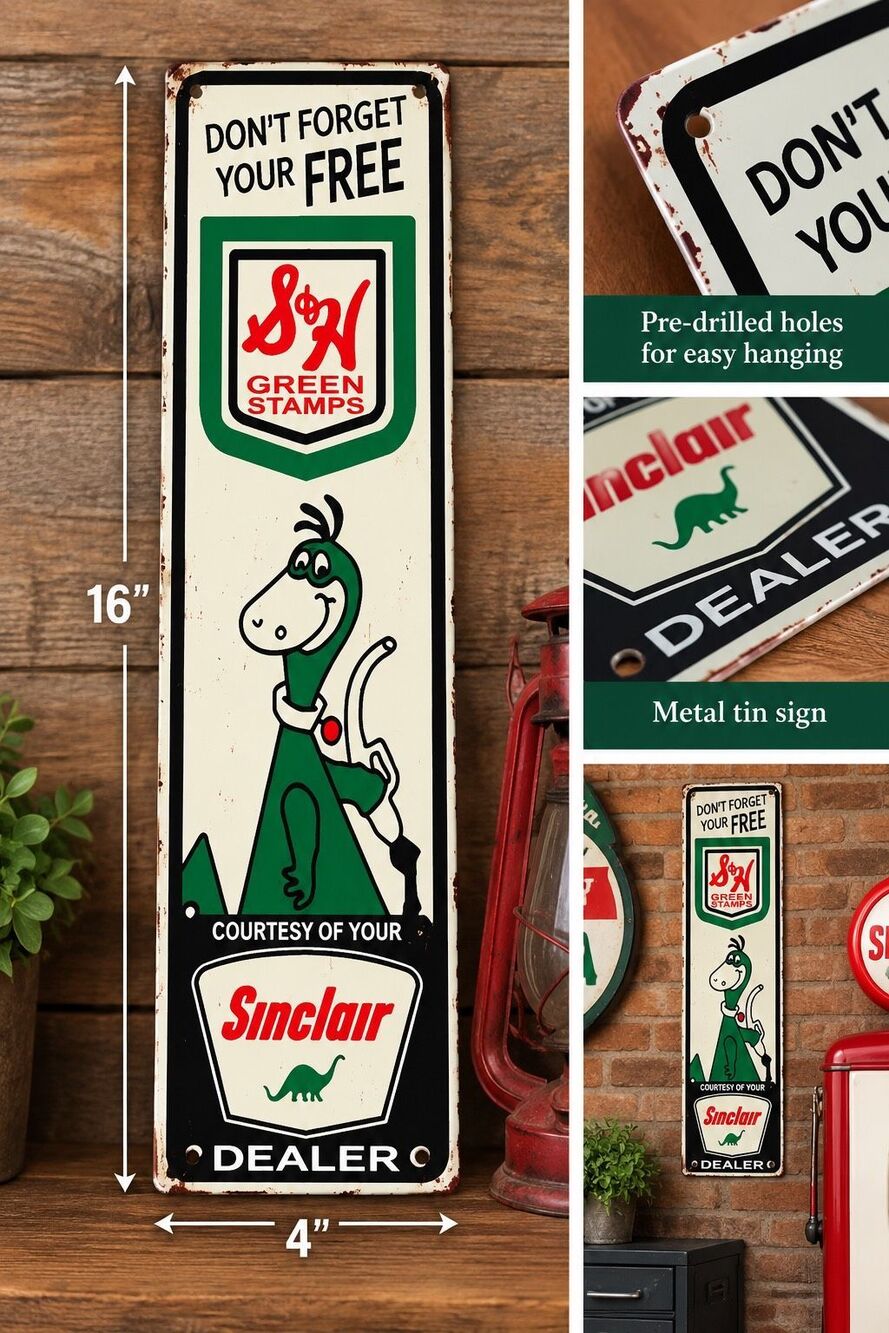 Sinclair Dino S&H Green Stamps Metal Tin Sign 4x16 Retro Reproduction New